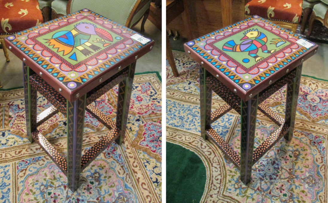 Appraisal: A PAIR OF PAINT DECORATED KITCHEN STOOLS individually signed M