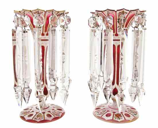 Appraisal: A Pair of Bohemian Overlay and Enameled Ruby Glass Girandoles