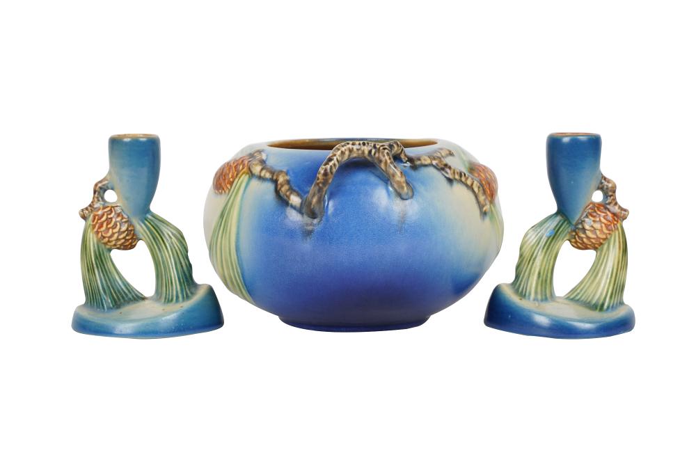 Appraisal: THREE PIECES ROSEVILLE POTTERY PINECONE BLUE s comprising a vase