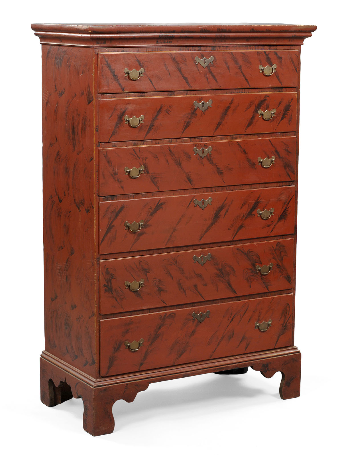 Appraisal: NEW ENGLAND CHIPPENDALE RED PAINTED AND DECORATED MAPLE TALL CHEST