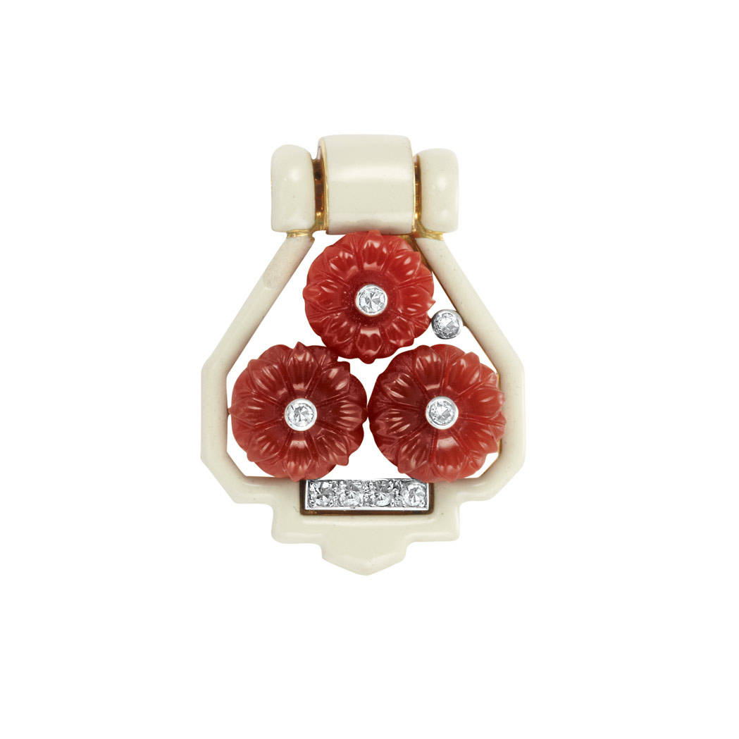 Appraisal: Art Deco Gold Ivory Enamel Carved Carnelian and Diamond Clip