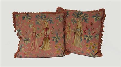 Appraisal: Pair of Aubusson tapestry cushions tapestry th century Each depicing