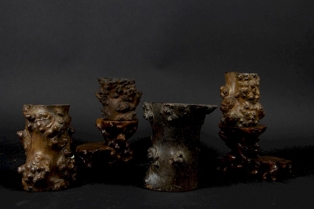 Appraisal: A Group of Burl Brush Pots and Stands Chinese Two