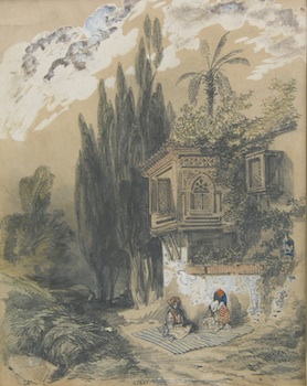 Appraisal: Orientalist Drawing Signed Lebas Orientalist scene Graphite and watercolor with