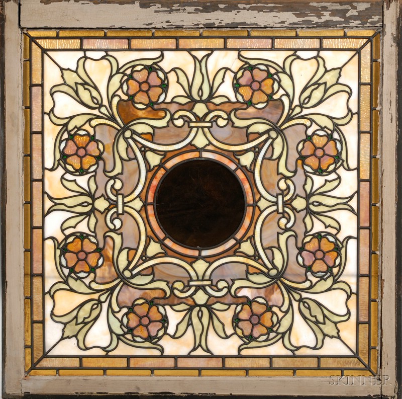 Appraisal: Three Square Mosaic Glass Windows Glass metal and wood Late