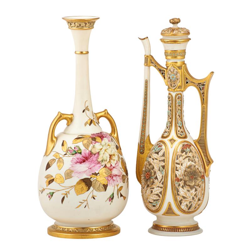 Appraisal: ROYAL WORCESTER PORCELAIN VASES Two One lidded ewer with reticulated