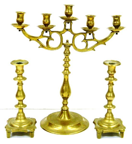 Appraisal: Pair brass candlesticks '' h and brass five light candelabra