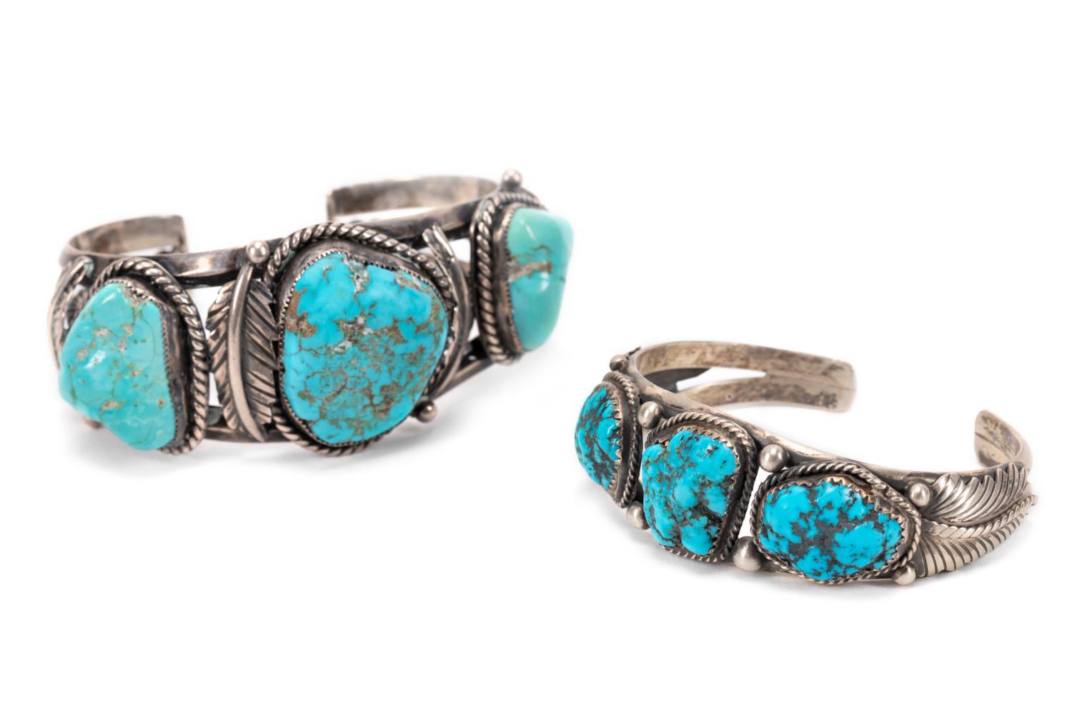 Appraisal: NAT AMER STYLE STERLING TURQUOISE BRACELETS Two Native American style