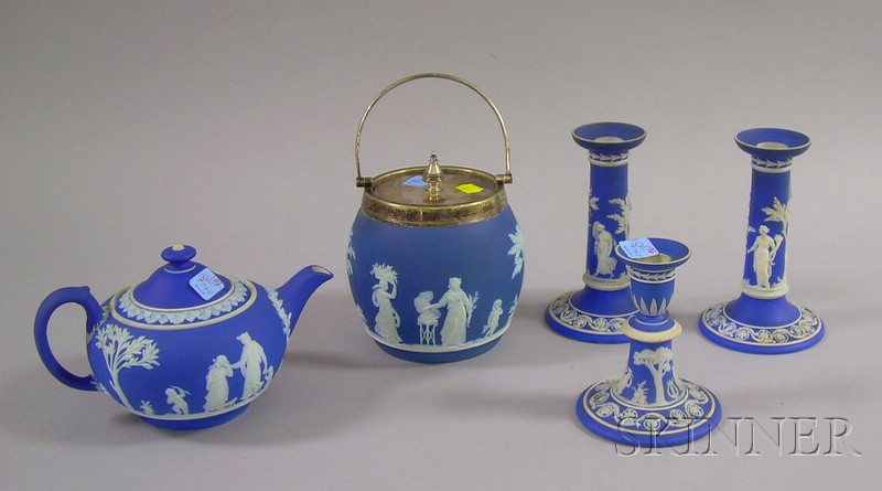 Appraisal: Five Wedgwood Dark Blue Jasper Dip Items a teapot candlestick