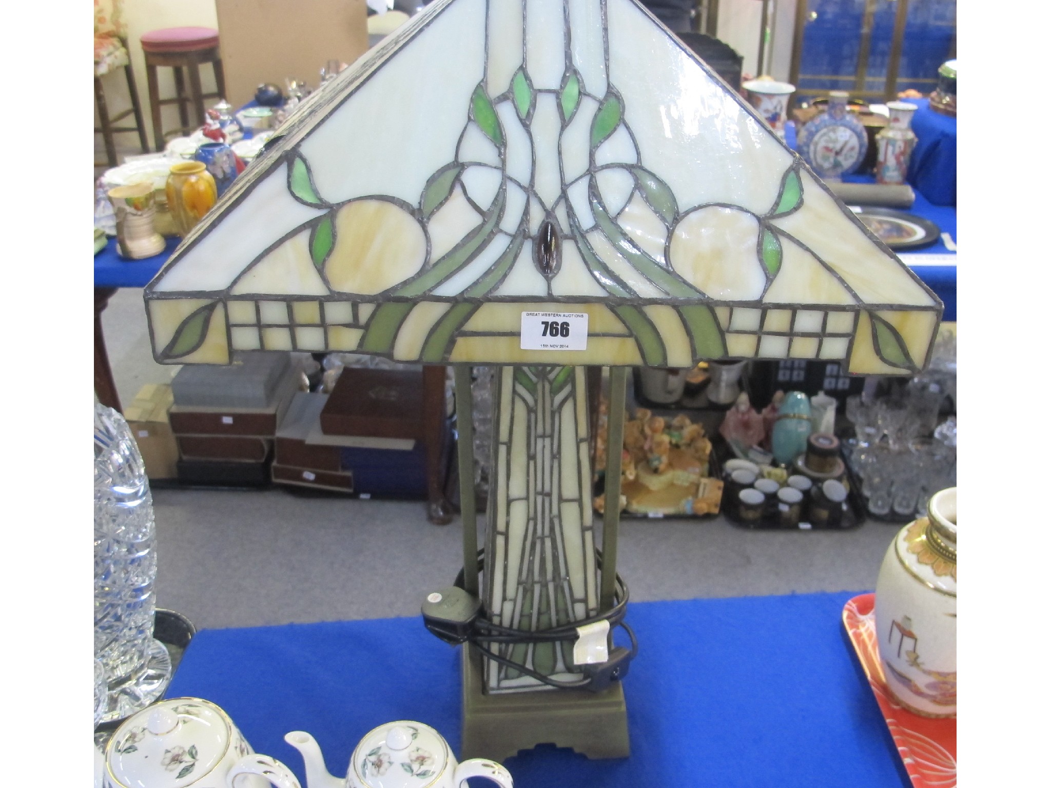 Appraisal: Reproduction Tiffany style leaded and stained glass table lamp