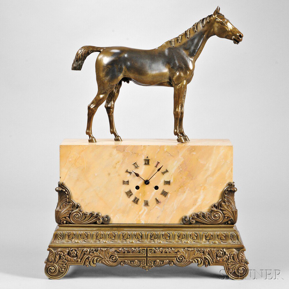 Appraisal: Large Equestrian Marble and Bronze Mantel Clock France c a