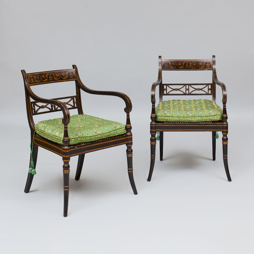 Appraisal: Pair of Regency Polychrome Decorated Caned Armchairs by John Gee