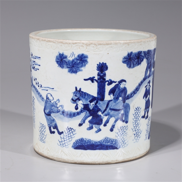 Appraisal: Chinese blue and white porcelain brush pot with figures some