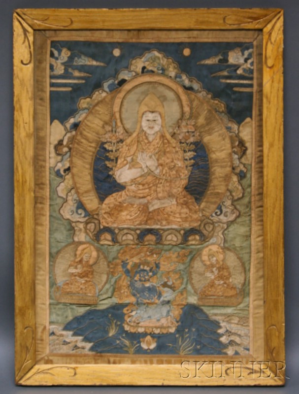 Appraisal: Thangka Tibet th century silk applique image of Tsong Kapa