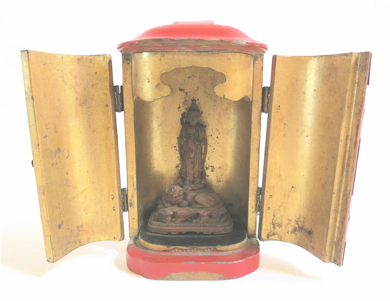 Appraisal: MINIATURE BUDDHA AND CABINET SHRINE Japanese late th century featuring