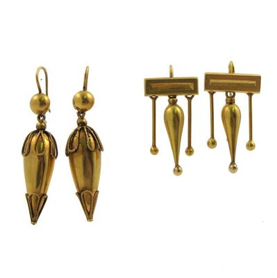 Appraisal: A pair of Victorian gold Etruscan revival amphorae drop earrings