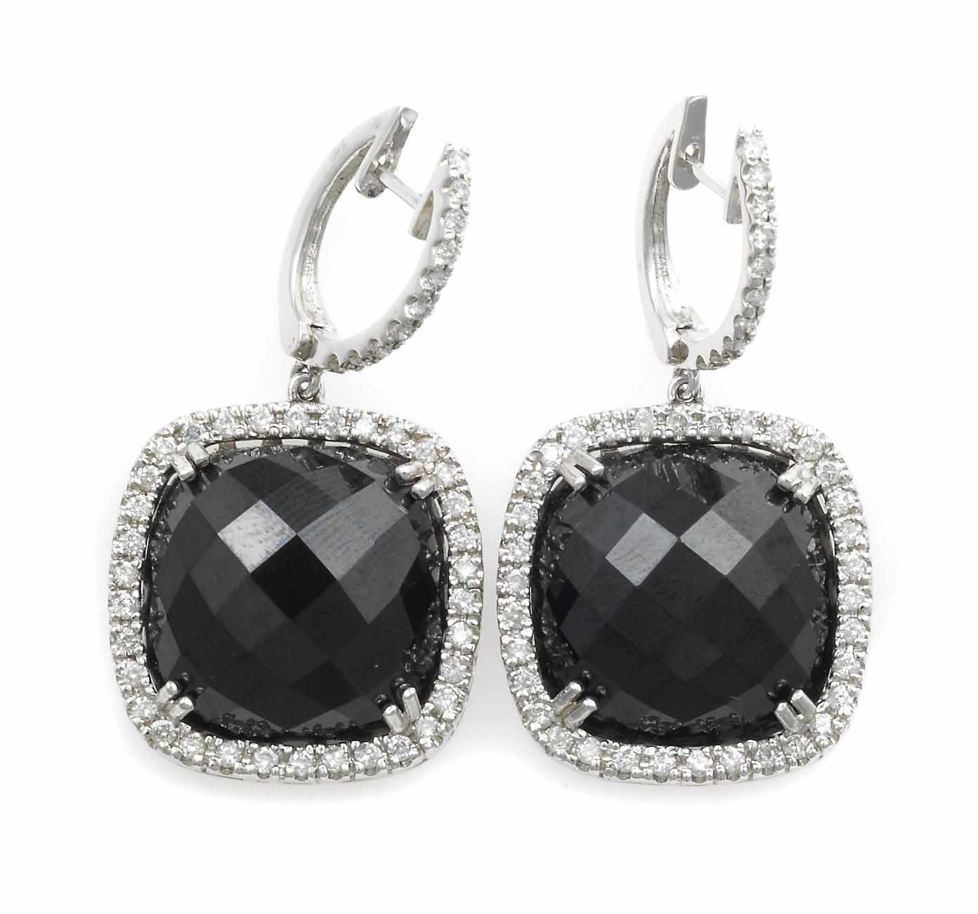 Appraisal: A pair of black onyx and diamond earrings cushion-shaped faceted