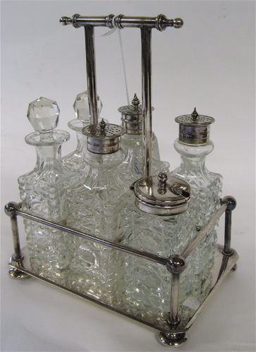 Appraisal: ENGLISH SIX-BOTTLE SILVER PLATED CASTER STAND c The square form