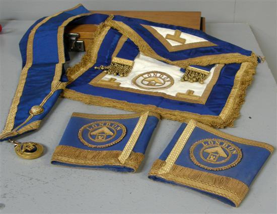 Appraisal: Masonic memorabilia sash medallion cuffs and apron embroidered in gold