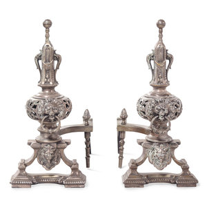 Appraisal: A Pair of Neoclassical Silvered Brass Andirons Late th Century