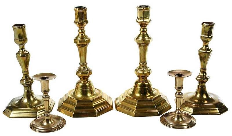 Appraisal: Three Pairs Early Brass Candlesticks pair probably French early th