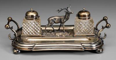 Appraisal: Silver-plate ink stand central elk figure stepped rectangular base scroll