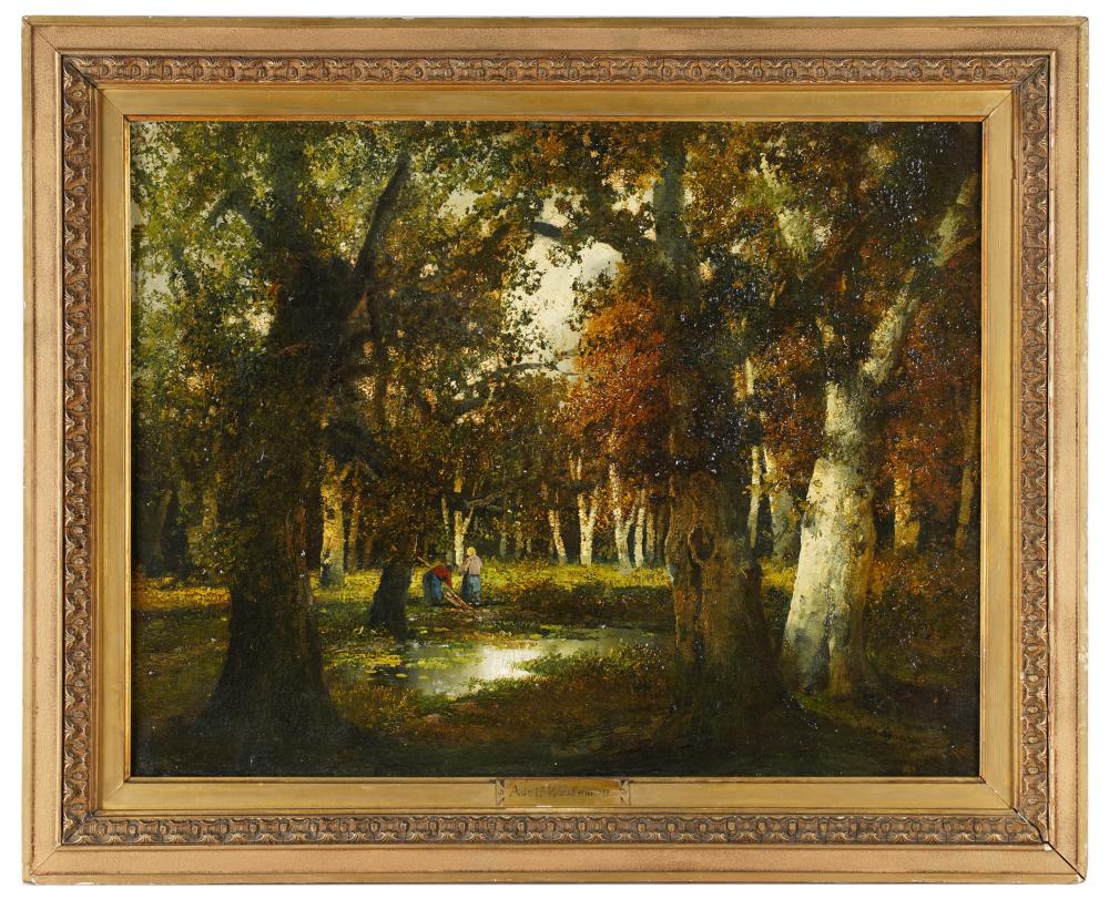 Appraisal: ADOLF KAUFMANN - FOREST INTERIOR WITH FIGURESoil on canvas signed