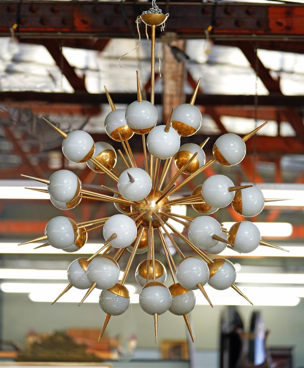 Appraisal: ITALIAN MODERN SPUTNIK CHANDELIERbrass and white glass inches diameter inches