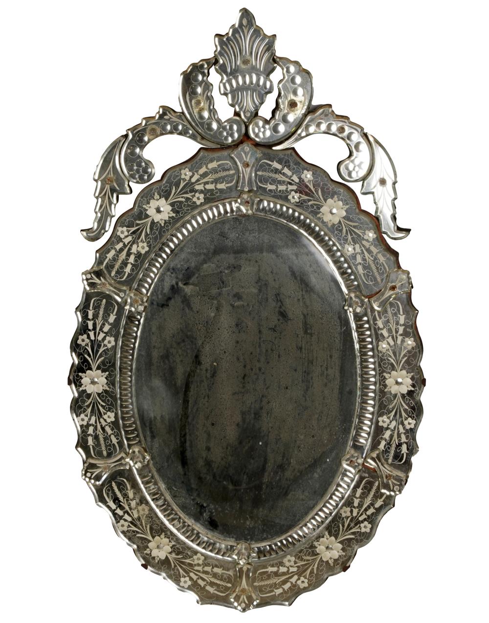 Appraisal: VENETIAN ETCHED GLASS MIRRORwith oval beveled glass plate Condition in