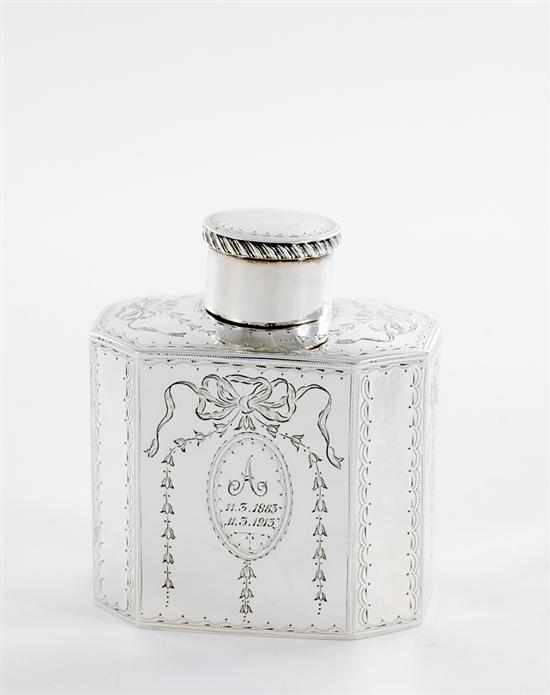 Appraisal: Edwardian sterling tea caddy Birmingham dated Neoclassical etched design on