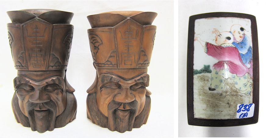 Appraisal: THREE CHINESE COLLECTIBLES pair hand carved hardwood bookends in the