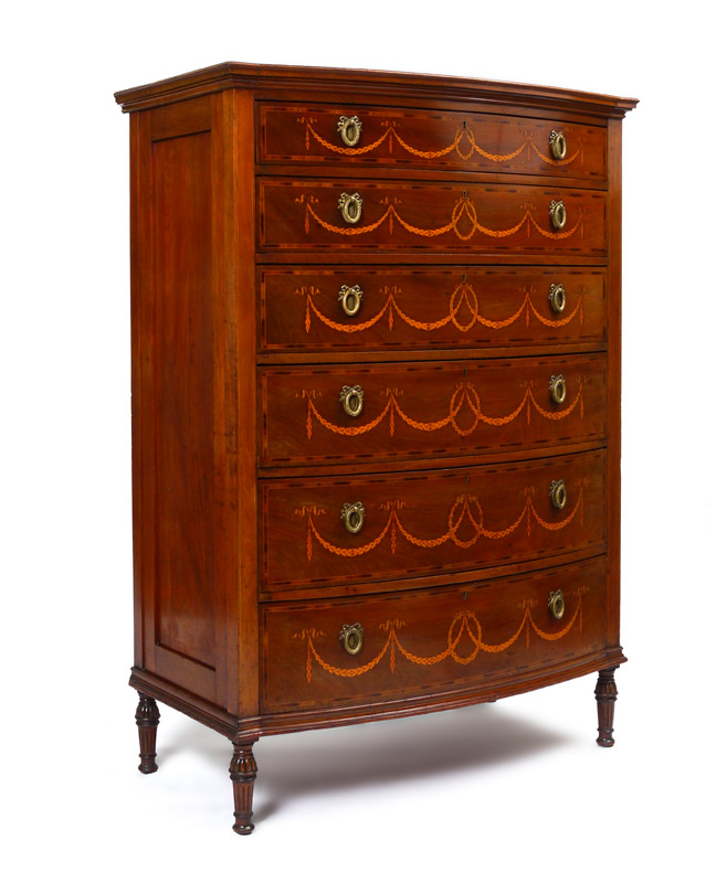 Appraisal: MARQUETRY INLAID DRAWER CHEST Shaped top bow front graduating drawers