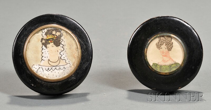 Appraisal: Two Round Black Lacquer Decorated Snuff Boxes early th century