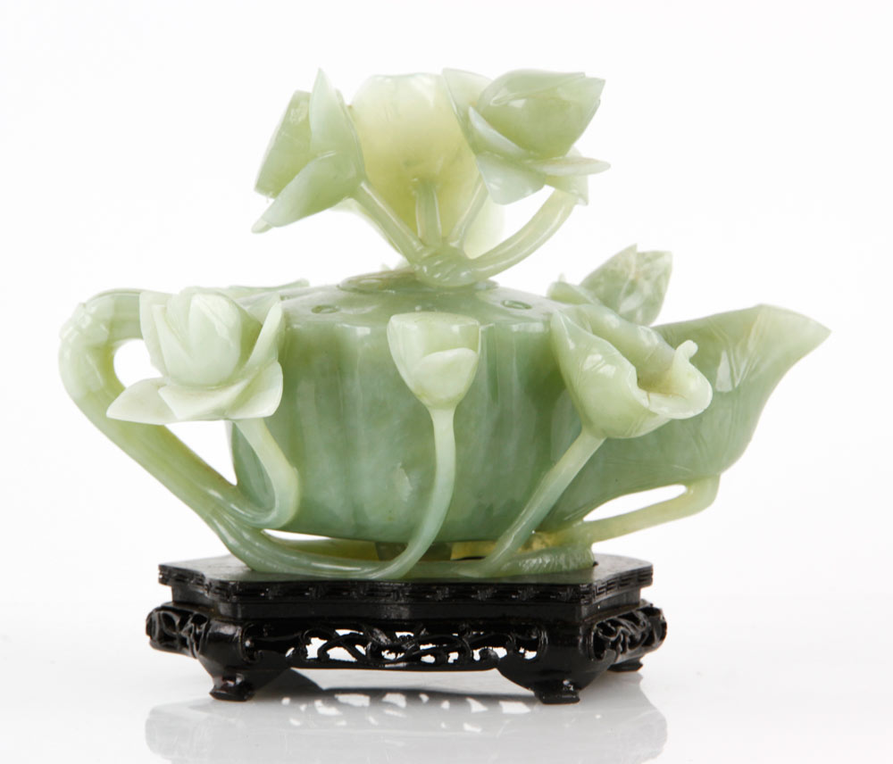 Appraisal: - Carved Jade Teapot Carved teapot with floral decoration jade