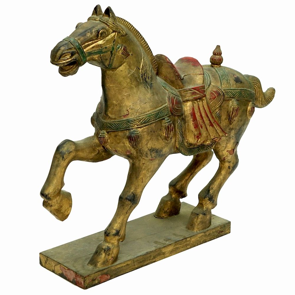 Appraisal: Large Chinese Carved Giltwood Tang Style Horse Large Chinese Carved