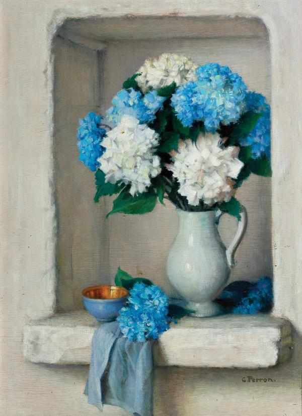 Appraisal: CHARLES CLEMENT FRANCIS PERRON French - Blue and White Hydrangeas