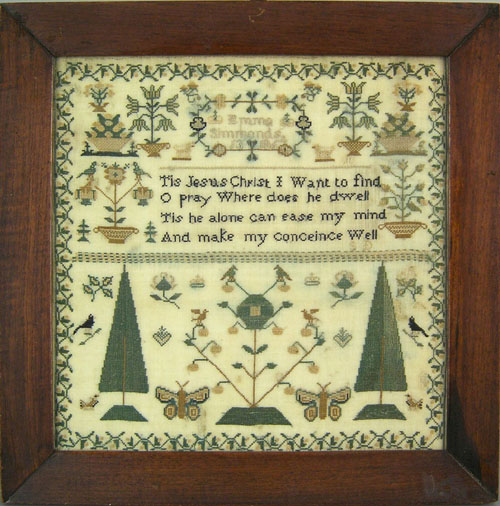 Appraisal: English silk on linen sampler dated wrought by Emma Simmonds