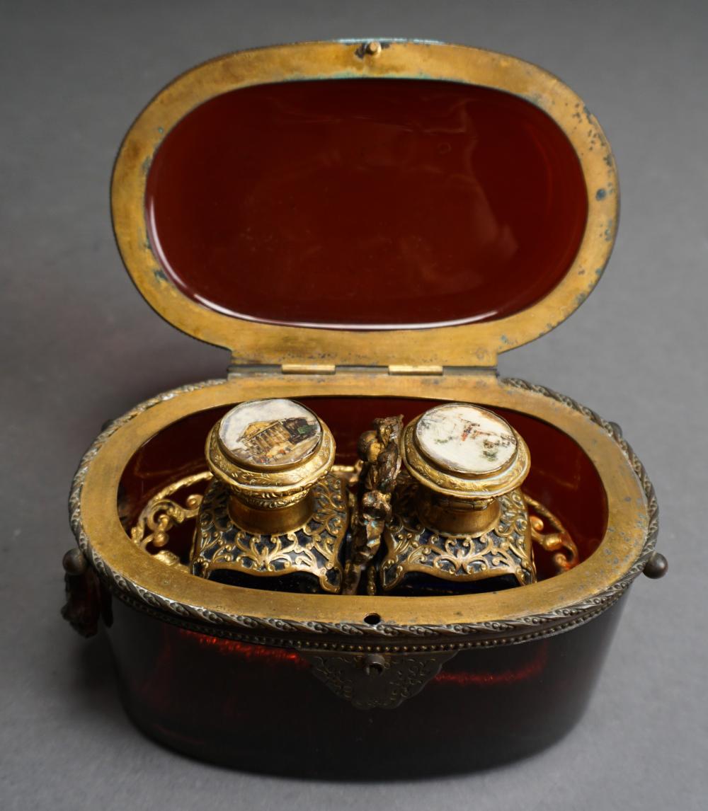 Appraisal: Continental Ruby Glass Box with Gilt Metal and Two Perfume