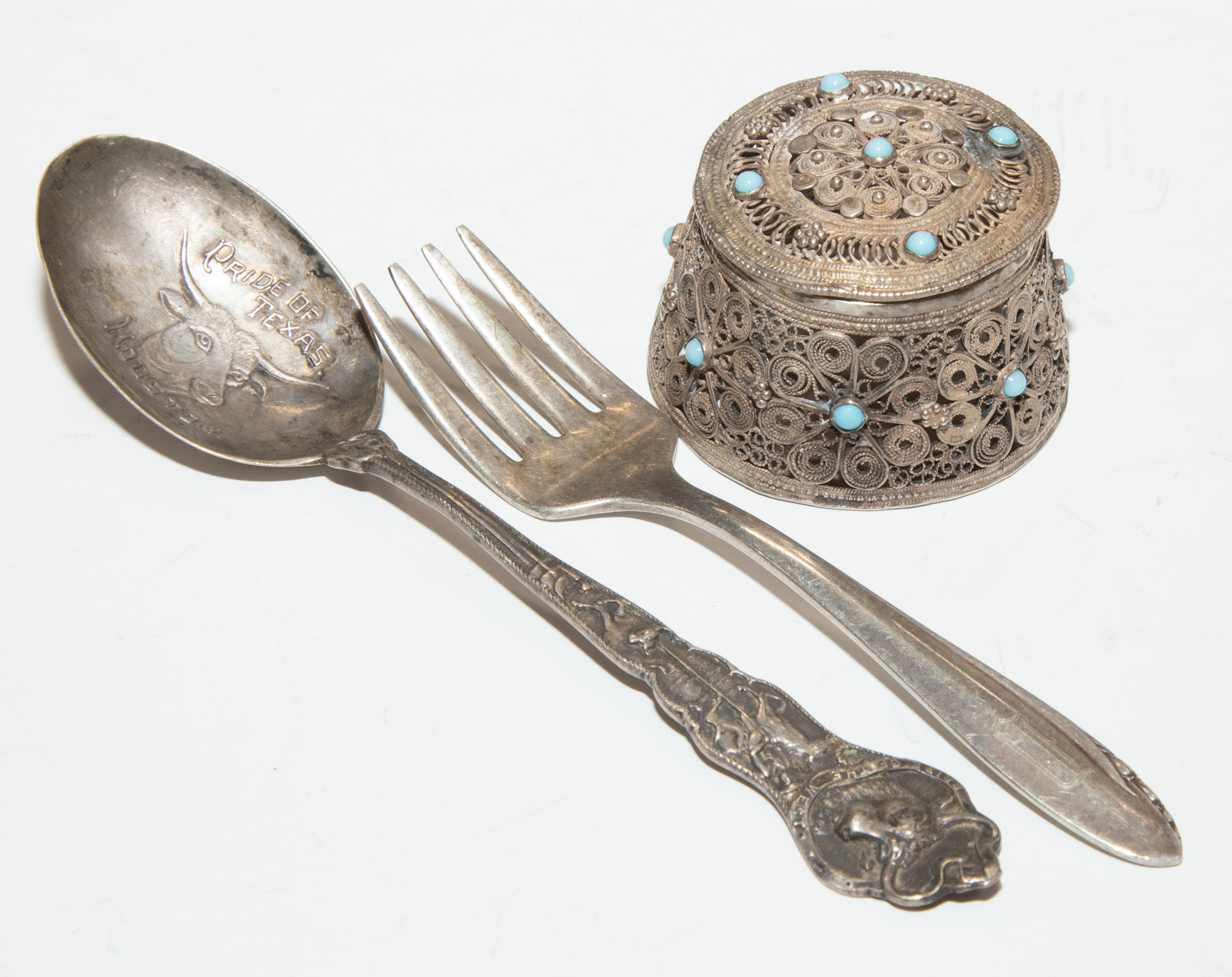 Appraisal: ISRAELI SILVER TURQUOISE FILIGREE BOX Together with a Paye Baker