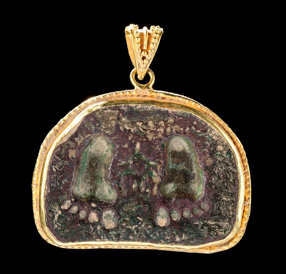 Appraisal: Kashan K Gold Pendant w Bronze Buddha Feet Ancient Near