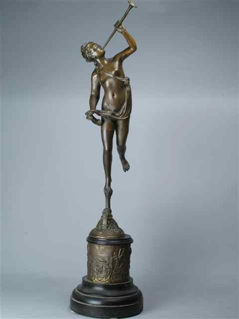 Appraisal: BRONZE FIGURE OF A NYMPH scantily draped blowing a horn