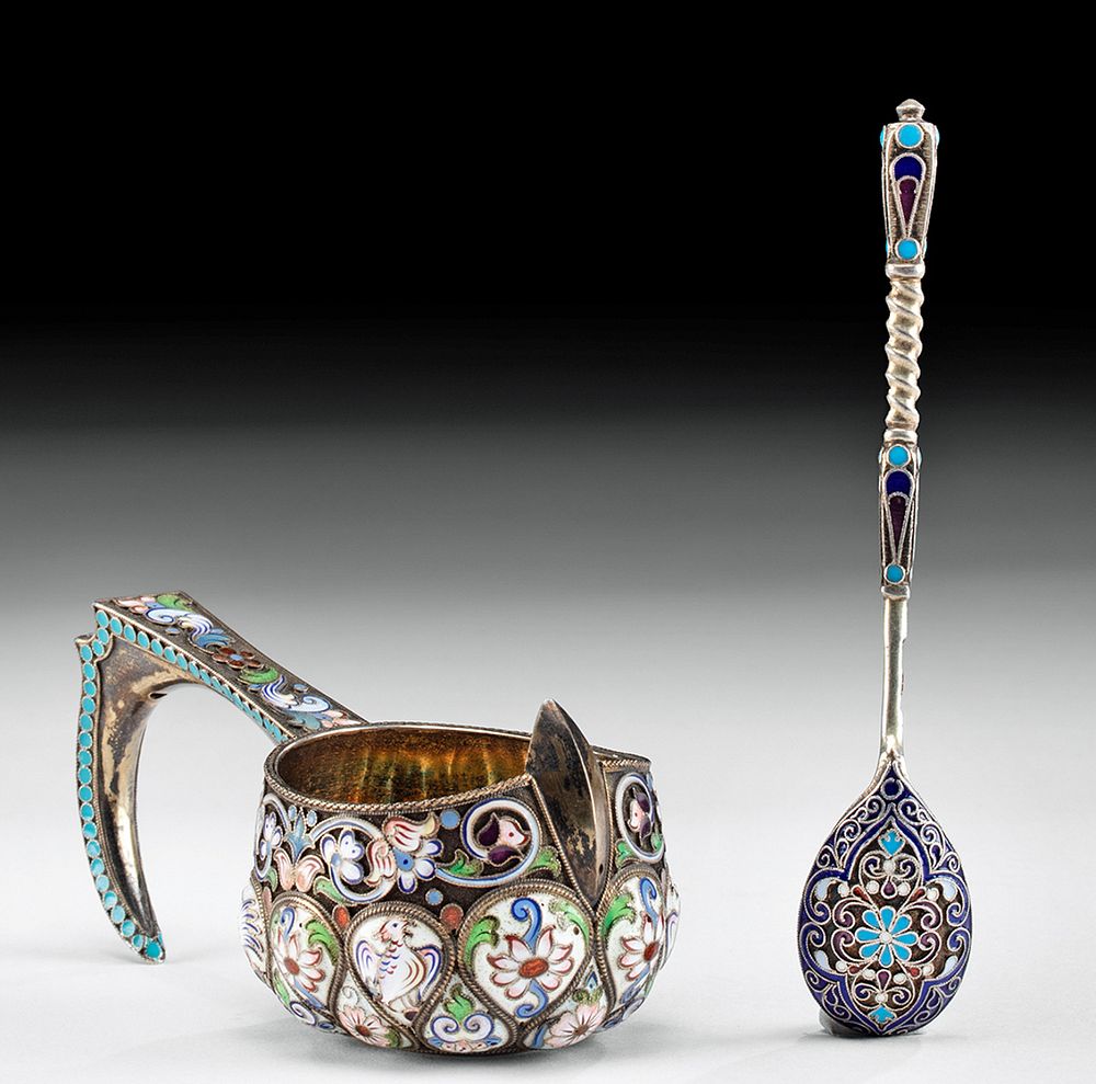 Appraisal: th C Russian Cloisonne Silver Kovsh and Spoon Eastern Europe