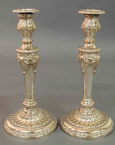 Appraisal: Two large Sheffield silverplate candlesticks th c h bases dia