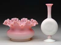 Appraisal: TWO PIECES OF ART GLASS Satin glass ruffled bowl pink