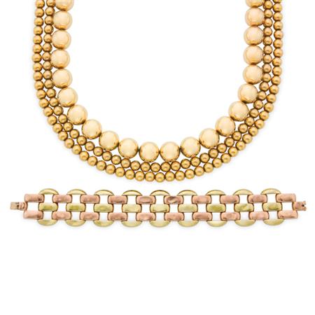 Appraisal: Two Gold Bead Necklaces and Two-Color Gold Bracelet Estimate -