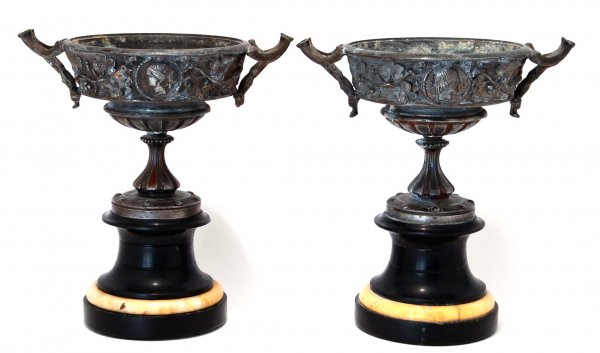 Appraisal: Pair of cast metal slat and marble urns Bowls with