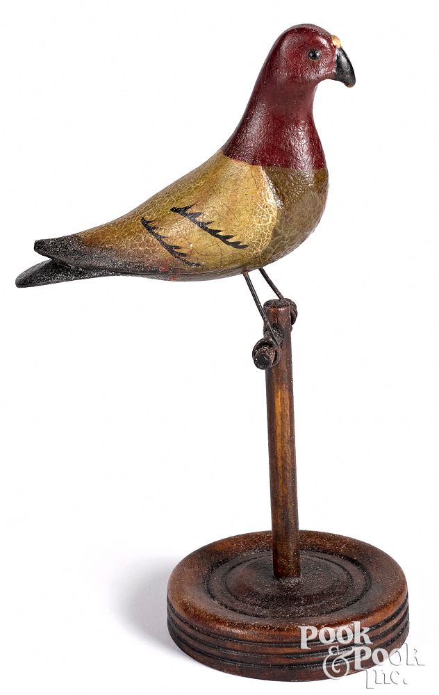 Appraisal: Carved and painted bird on perch th c Carved and