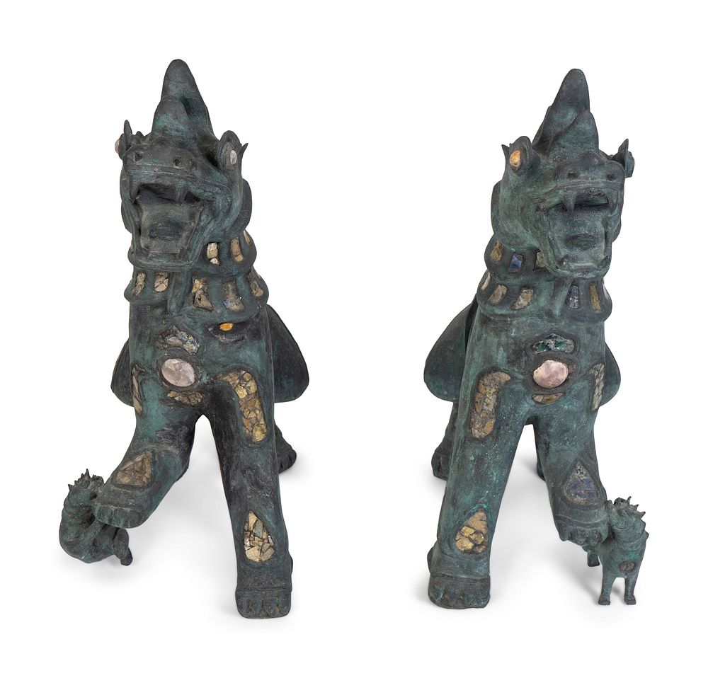 Appraisal: A Pair of Chinese Stone-Inset Bronze Fu-Lions Height x length