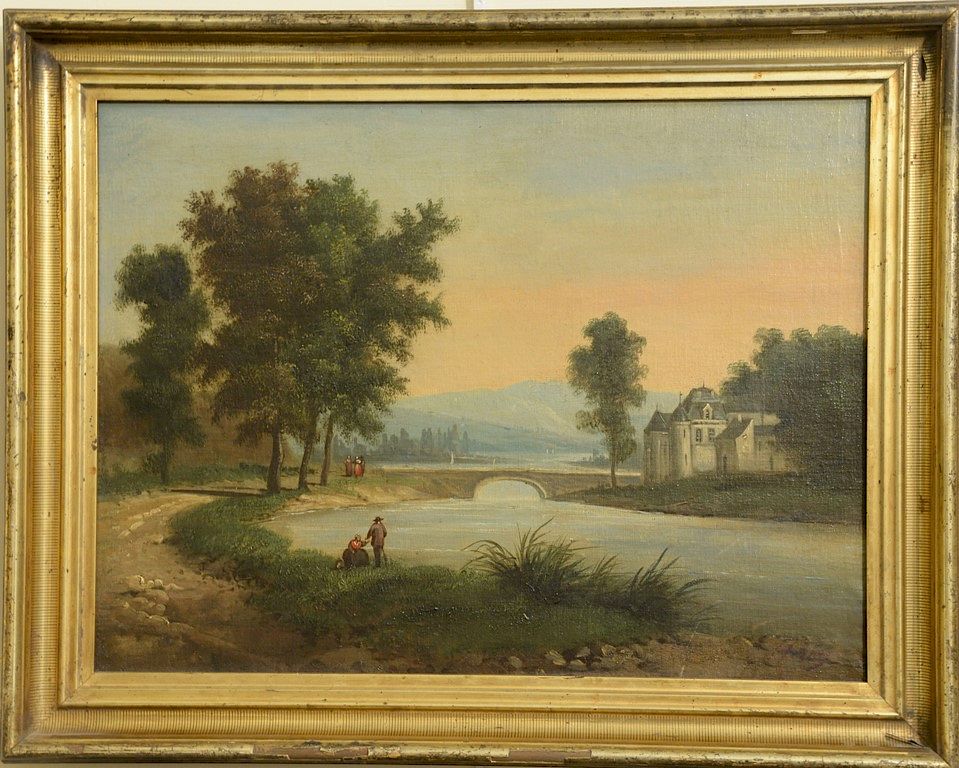 Appraisal: Oil on canvas European landscape river with a bridge leading