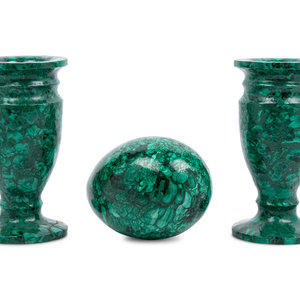 Appraisal: A Pair of Malachite Veneered Vases and a Malachite Egg